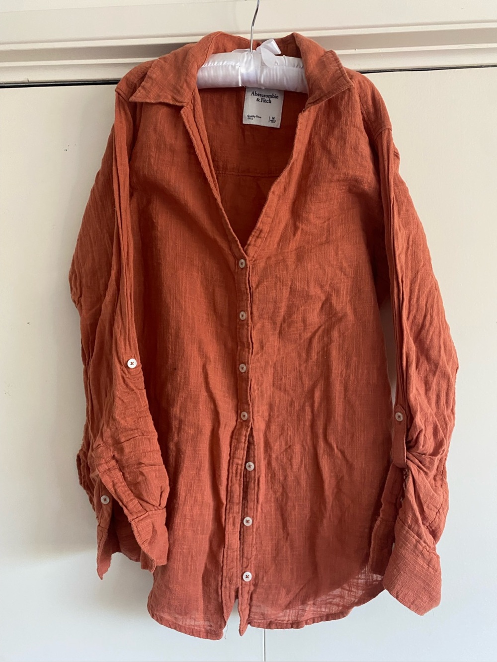 Abercrombie & Fitch Mens Rust Terracotta M Linen Long Sleeve Roll Tab Button Up
